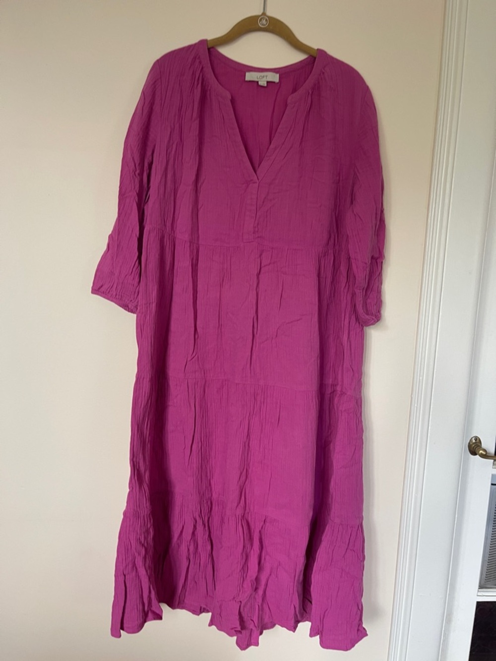 LOFT Magenta Crinkle V-Neck Maxi Dress